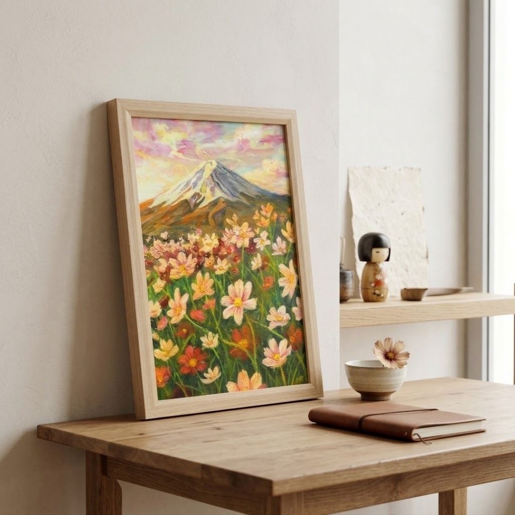 【油絵原画/A4額付き】富士山と秋桜(コスモス)『二度と戻らない、あの日の夕暮れ』風景画 壁掛けインテリアアート【ギフト対応】