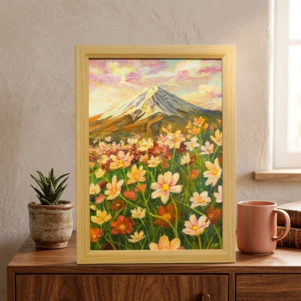 【油絵原画/A4額付き】富士山と秋桜(コスモス)『二度と戻らない、あの日の夕暮れ』風景画 壁掛けインテリアアート【ギフト対応】
