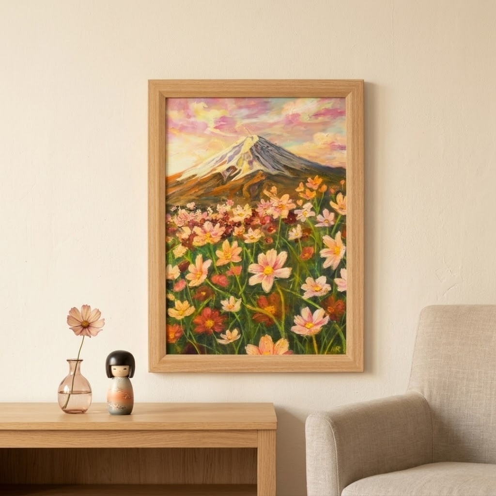【油絵原画/A4額付き】富士山と秋桜(コスモス)『二度と戻らない、あの日の夕暮れ』風景画 壁掛けインテリアアート【ギフト対応】