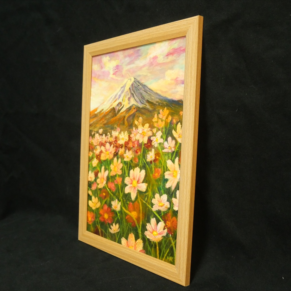 【油絵原画/A4額付き】富士山と秋桜(コスモス)『二度と戻らない、あの日の夕暮れ』風景画 壁掛けインテリアアート【ギフト対応】