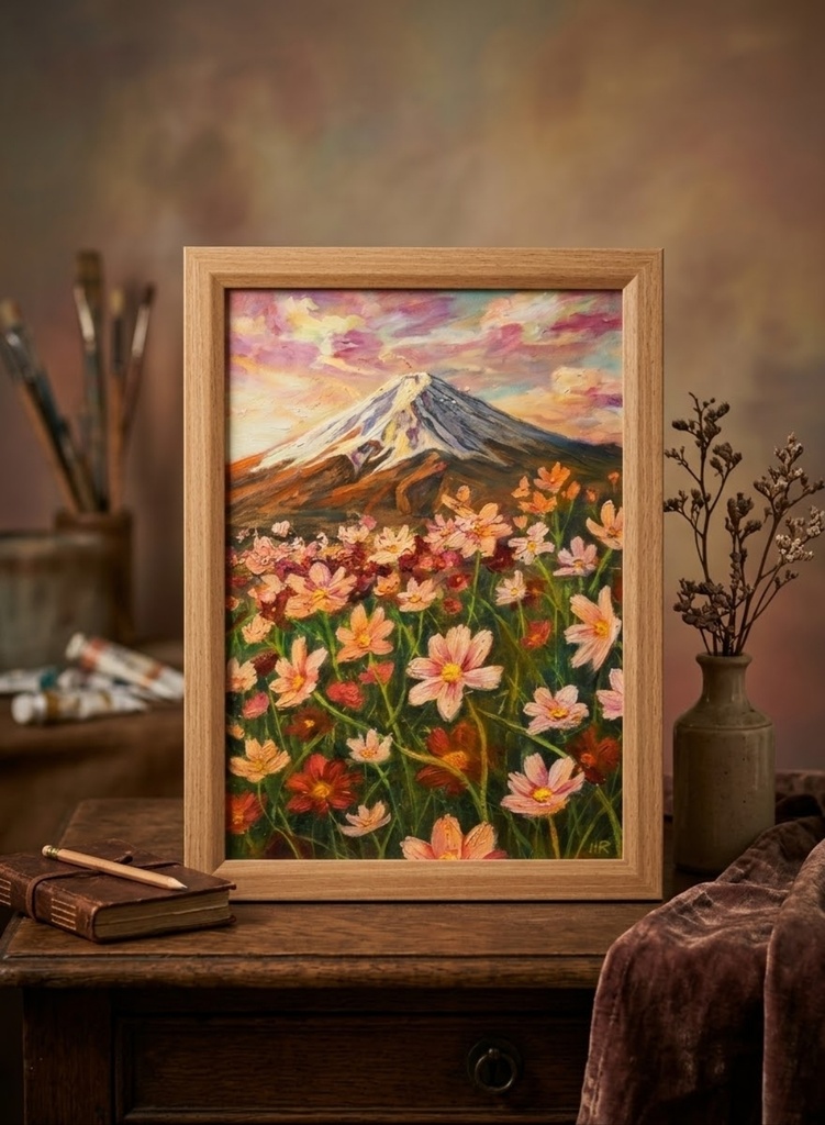 【油絵原画/A4額付き】富士山と秋桜（コスモス）『二度と戻らない、あの日の夕暮れ』風景画 壁掛けインテリアアート【ギフト対応】