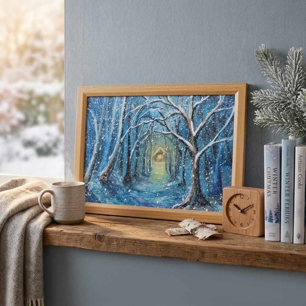 【油絵原画】『吹雪を抜けて、ぬくもりの灯へ』A4額縁付きアート・冬の雪山と温かい光の家【インテリア・壁掛け】