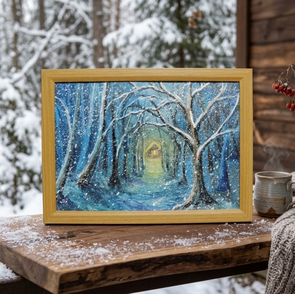 【油絵原画】『吹雪を抜けて、ぬくもりの灯へ』A4額縁付きアート・冬の雪山と温かい光の家【インテリア・壁掛け】
