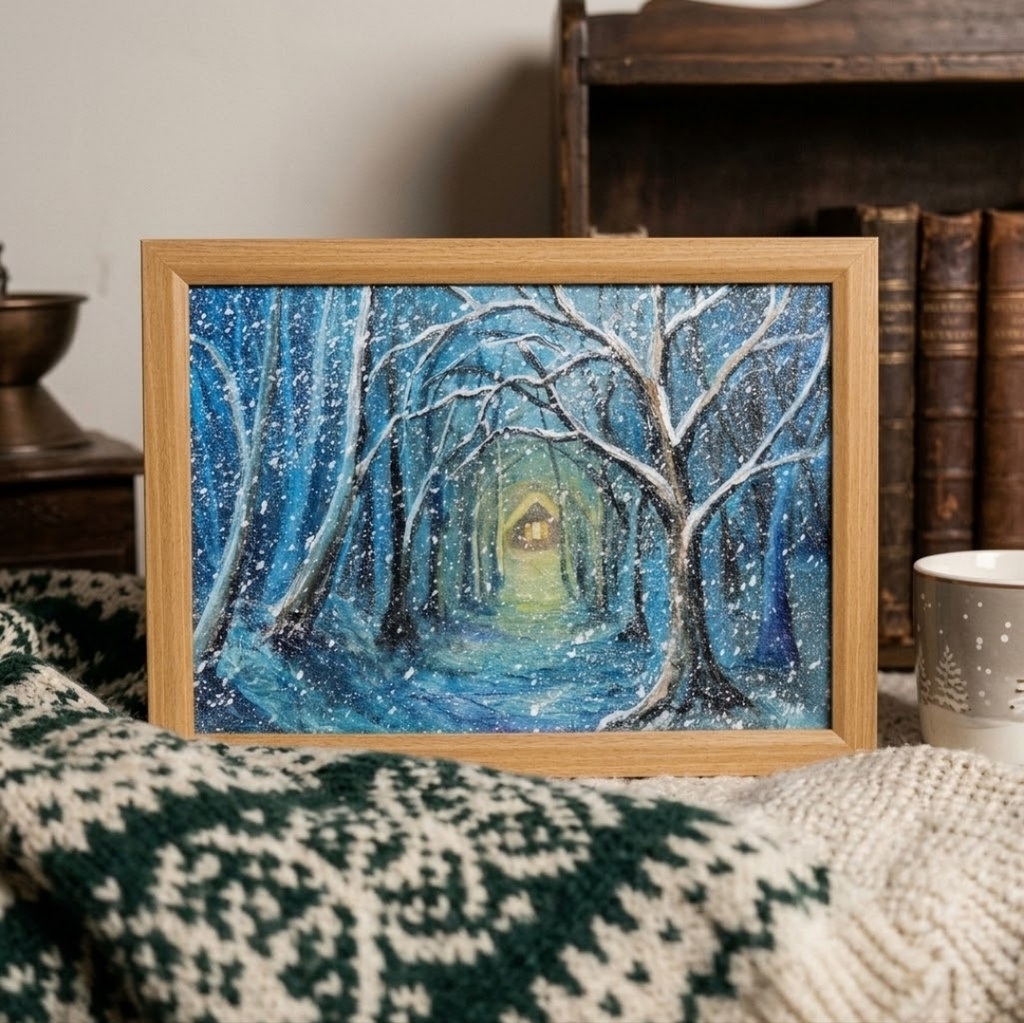 【油絵原画】『吹雪を抜けて、ぬくもりの灯へ』A4額縁付きアート・冬の雪山と温かい光の家【インテリア・壁掛け】