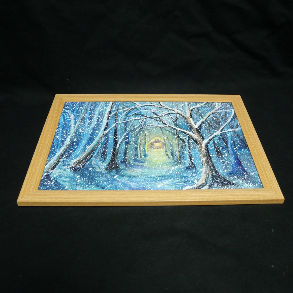 【油絵原画】『吹雪を抜けて、ぬくもりの灯へ』A4額縁付きアート・冬の雪山と温かい光の家【インテリア・壁掛け】