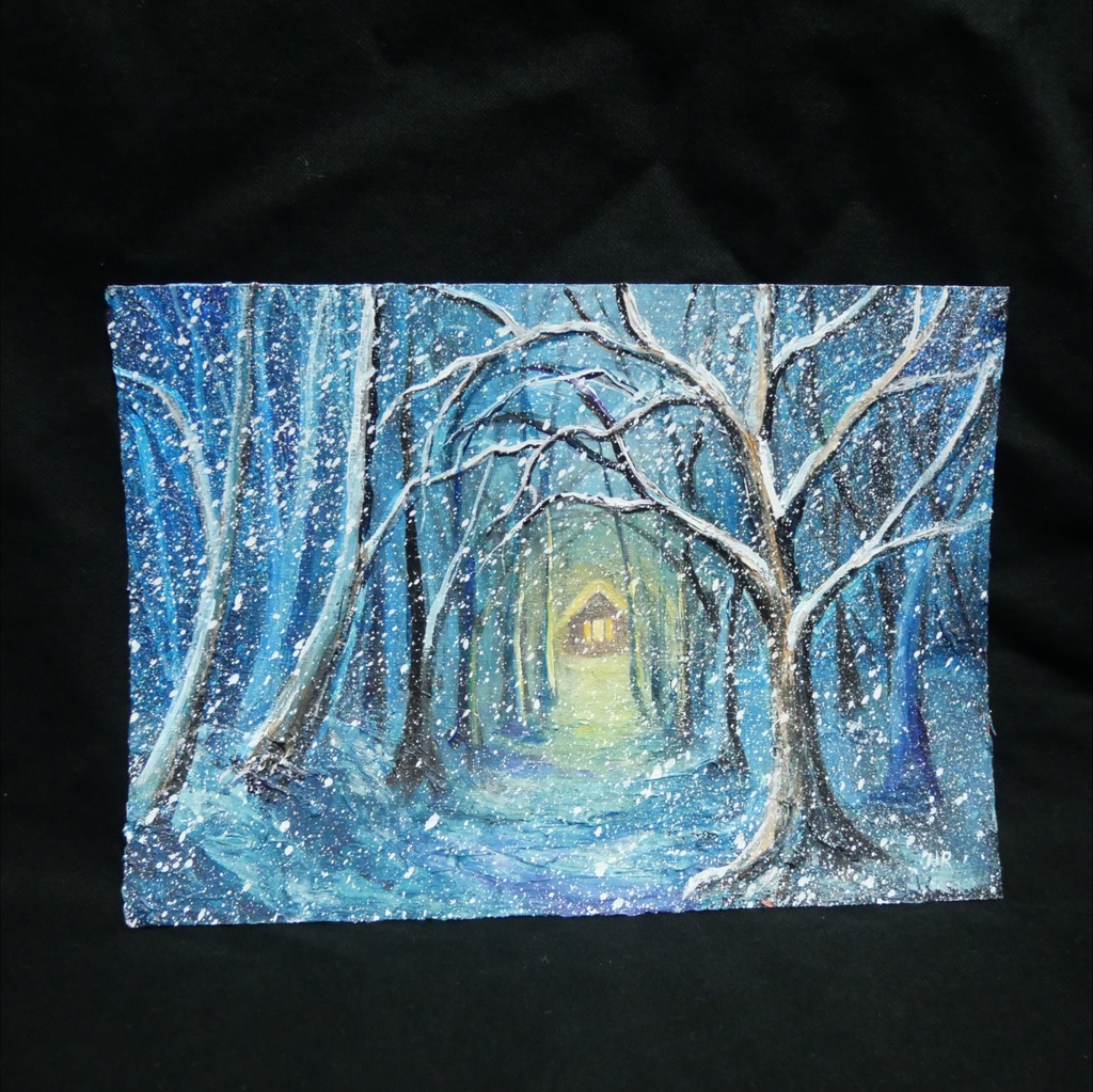 【油絵原画】『吹雪を抜けて、ぬくもりの灯へ』A4額縁付きアート・冬の雪山と温かい光の家【インテリア・壁掛け】