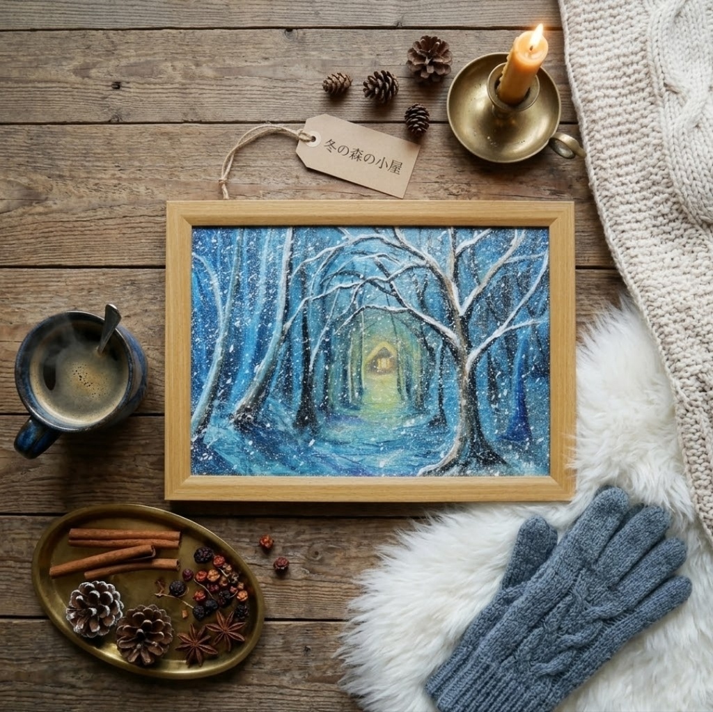 【油絵原画】『吹雪を抜けて、ぬくもりの灯へ』A4額縁付きアート・冬の雪山と温かい光の家【インテリア・壁掛け】
