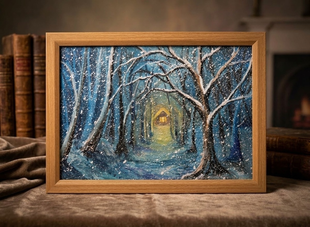 【油絵原画】『吹雪を抜けて、ぬくもりの灯へ』A4額縁付きアート・冬の雪山と温かい光の家【インテリア・壁掛け】