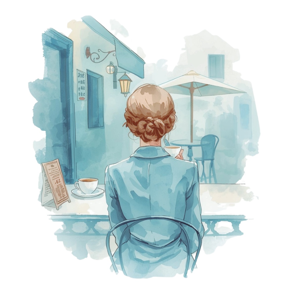 「カフェシリーズ」 水色・ブルー イラストセット|水彩風アンティーク調・可愛いクリップアート12点セット(PNG背景透過)