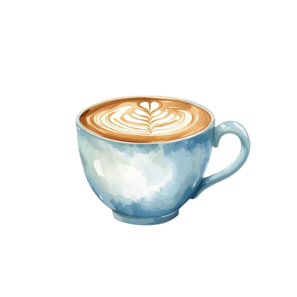 「カフェシリーズ」 水色・ブルー イラストセット|水彩風アンティーク調・可愛いクリップアート12点セット(PNG背景透過)