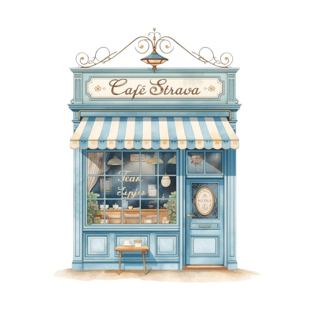 「カフェシリーズ」 水色・ブルー イラストセット|水彩風アンティーク調・可愛いクリップアート12点セット(PNG背景透過)