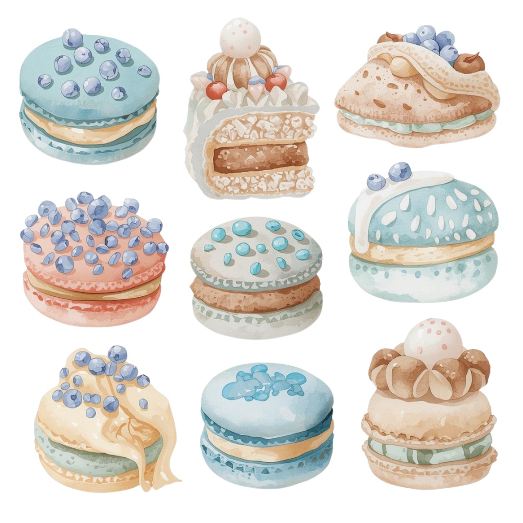 「カフェシリーズ」 水色・ブルー イラストセット|水彩風アンティーク調・可愛いクリップアート12点セット(PNG背景透過)