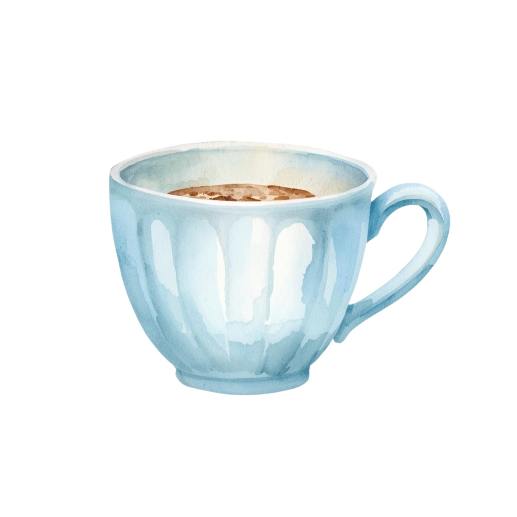 「カフェシリーズ」 水色・ブルー イラストセット|水彩風アンティーク調・可愛いクリップアート12点セット(PNG背景透過)