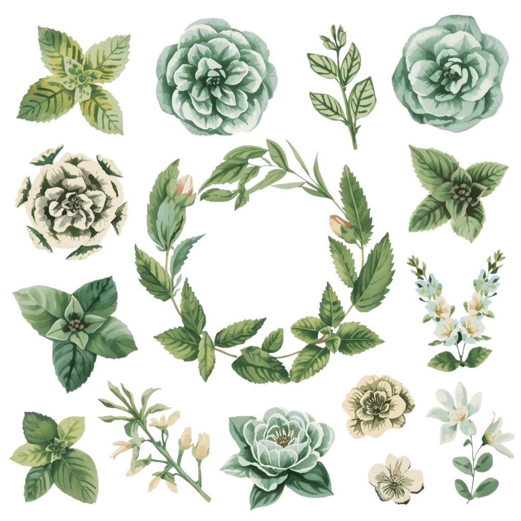 水彩風 ハーブ&植物シリーズ イラストセット(全12種)|アンティーク調・可愛いクリップアート(PNG)