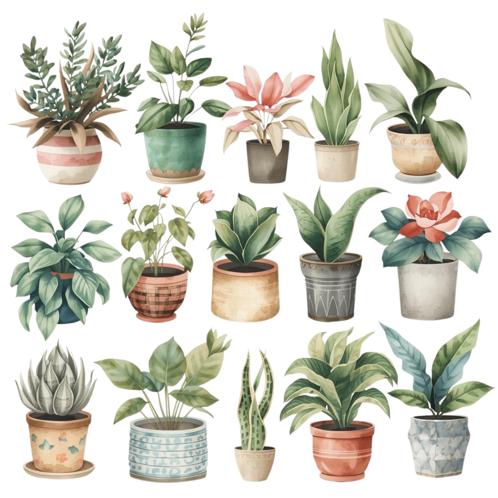 水彩風 ハーブ&植物シリーズ イラストセット(全12種)|アンティーク調・可愛いクリップアート(PNG)