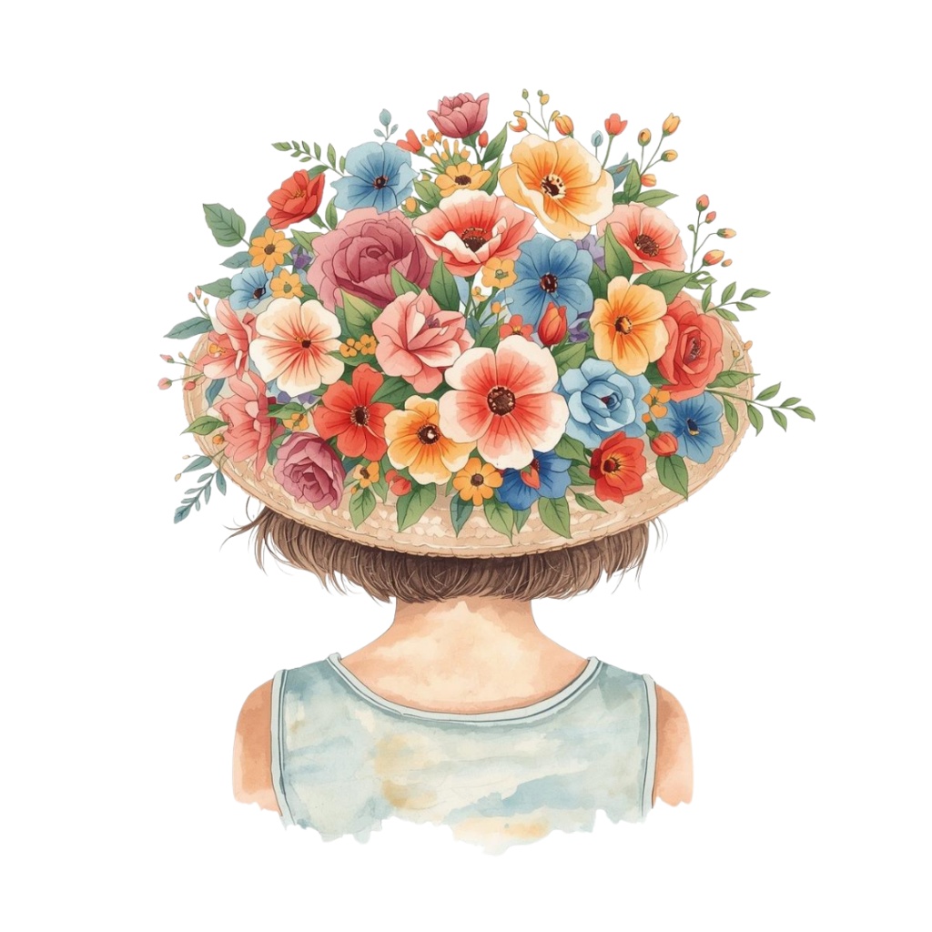 水彩風 花の帽子をかぶった女の子シリーズ イラストセット(全12種)|アンティーク調・可愛いクリップアート(PNG)