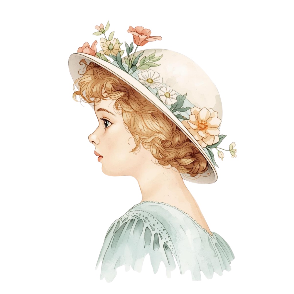 水彩風 花の帽子をかぶった女の子シリーズ イラストセット(全12種)|アンティーク調・可愛いクリップアート(PNG)