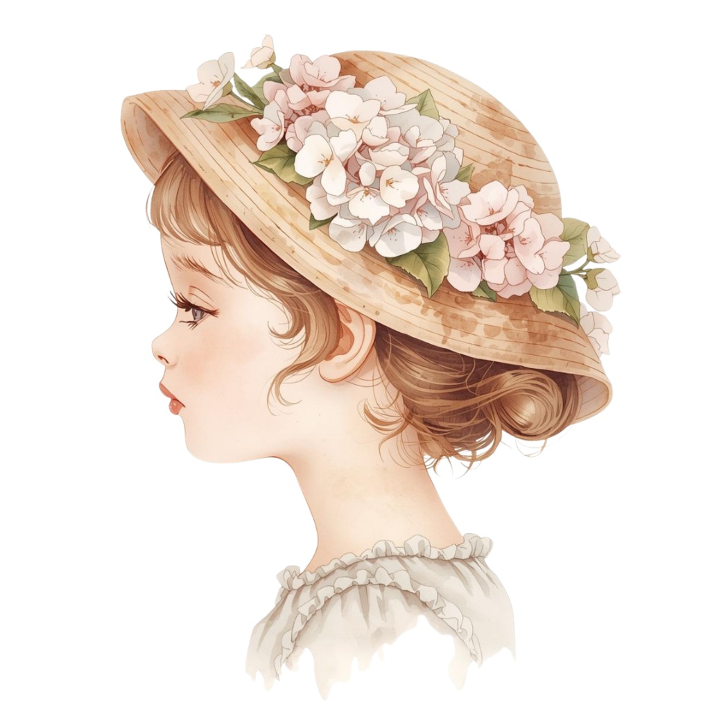 水彩風 花の帽子をかぶった女の子シリーズ イラストセット(全12種)|アンティーク調・可愛いクリップアート(PNG)