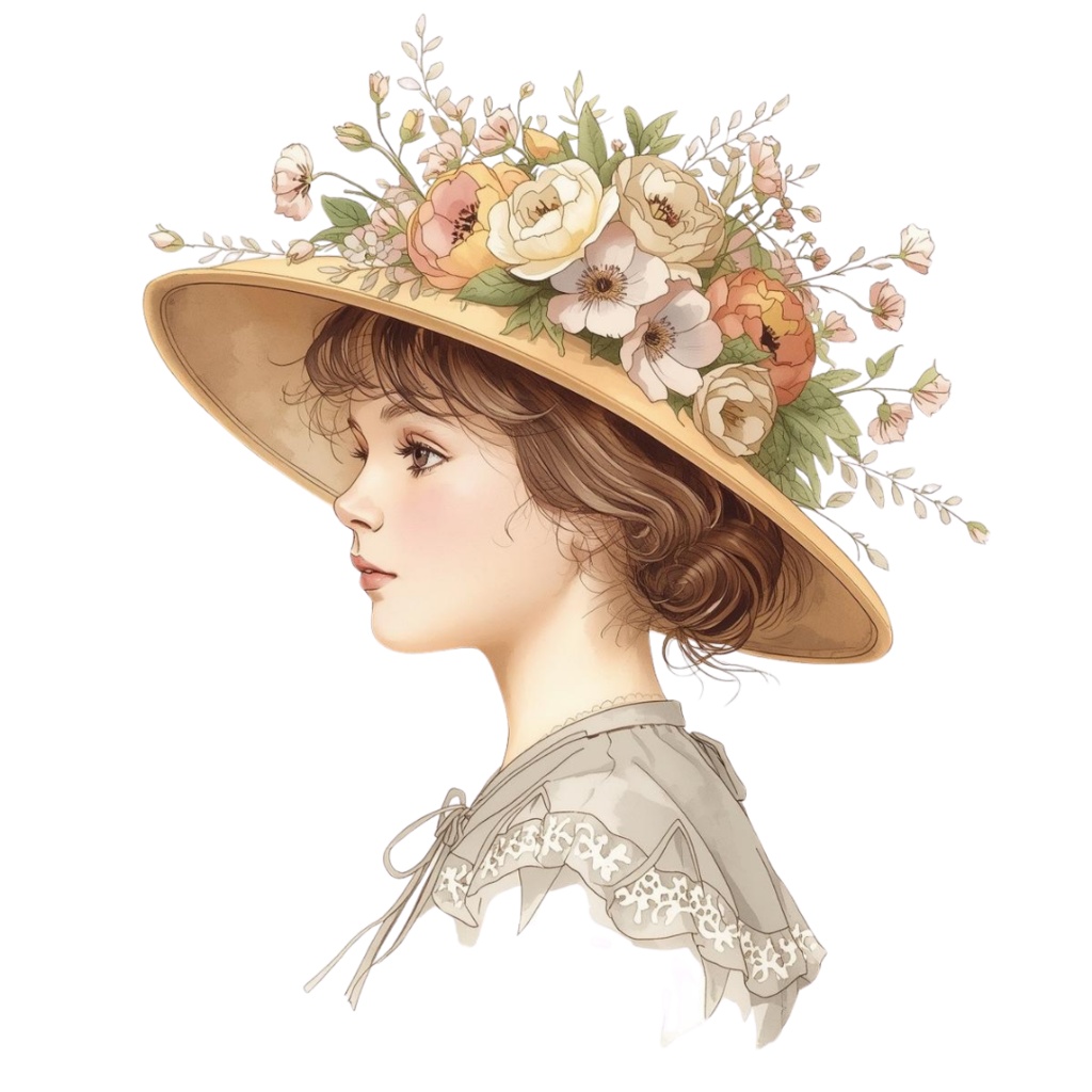水彩風 花の帽子をかぶった女の子シリーズ イラストセット(全12種)|アンティーク調・可愛いクリップアート(PNG)