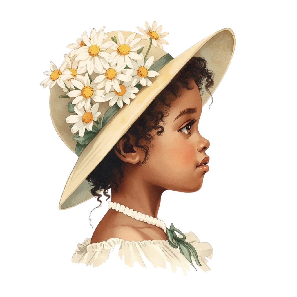 水彩風 花の帽子をかぶった女の子シリーズ イラストセット(全12種)|アンティーク調・可愛いクリップアート(PNG)