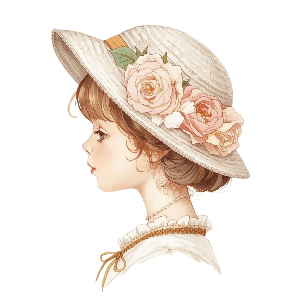 水彩風 花の帽子をかぶった女の子シリーズ イラストセット(全12種)|アンティーク調・可愛いクリップアート(PNG)