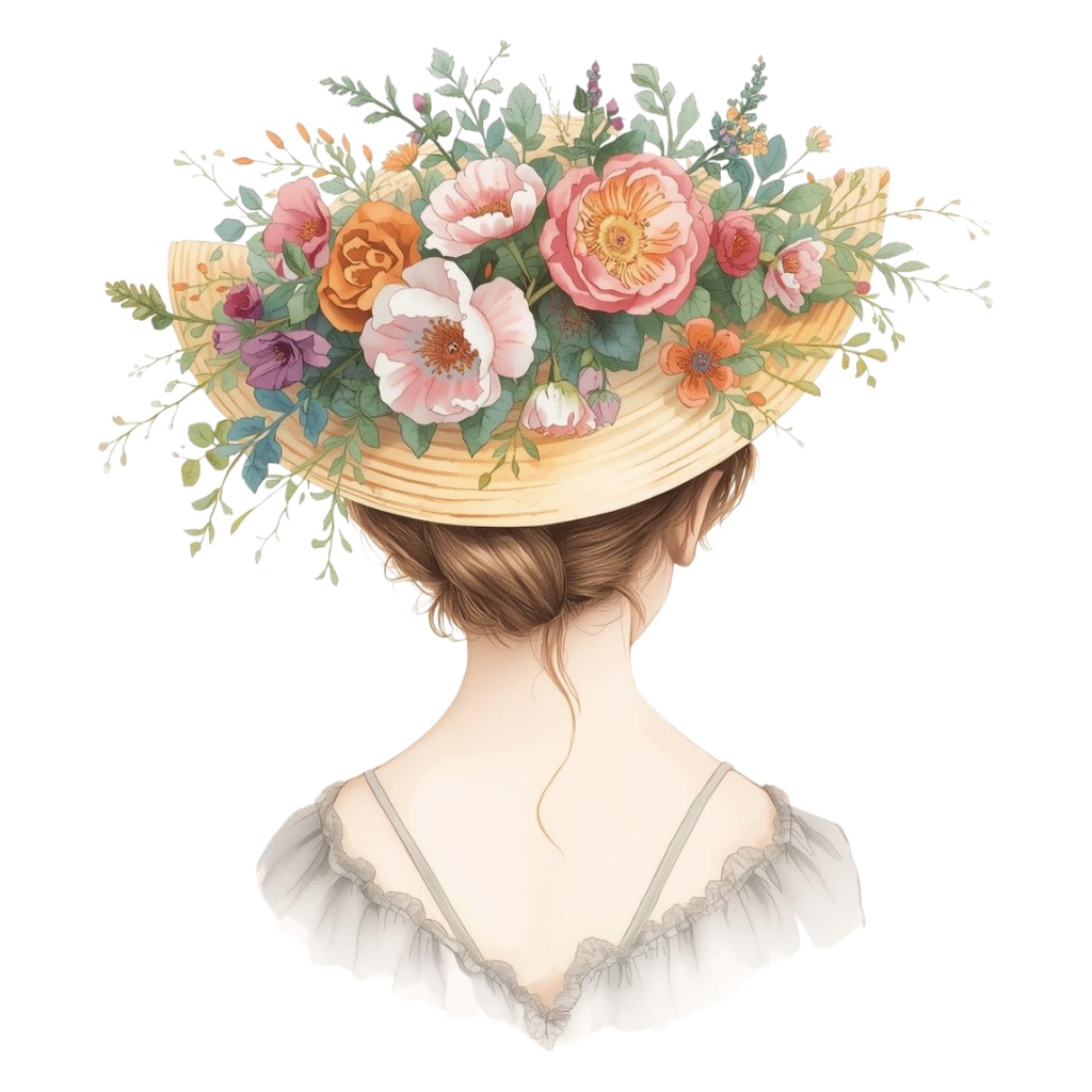 水彩風 花の帽子をかぶった女の子シリーズ イラストセット(全12種)|アンティーク調・可愛いクリップアート(PNG)
