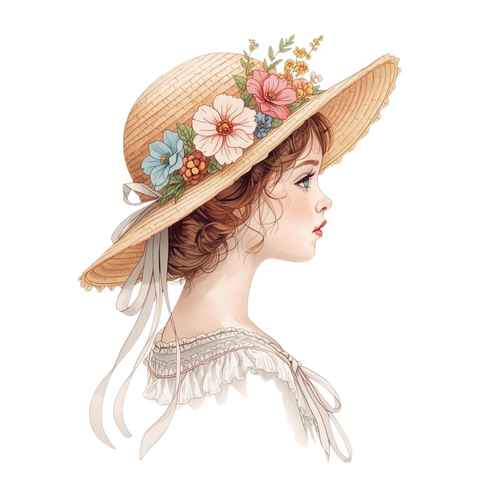 水彩風 花の帽子をかぶった女の子シリーズ イラストセット(全12種)|アンティーク調・可愛いクリップアート(PNG)