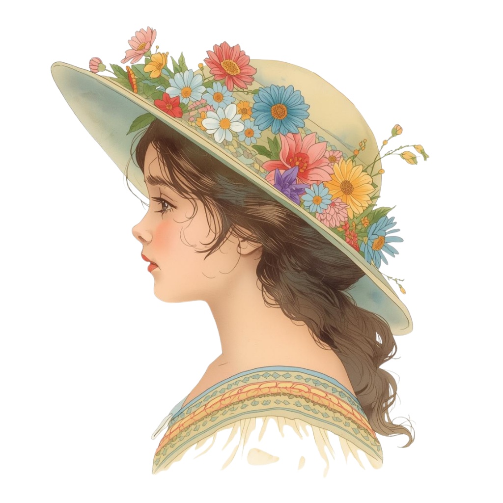 水彩風 花の帽子をかぶった女の子シリーズ イラストセット(全12種)|アンティーク調・可愛いクリップアート(PNG)