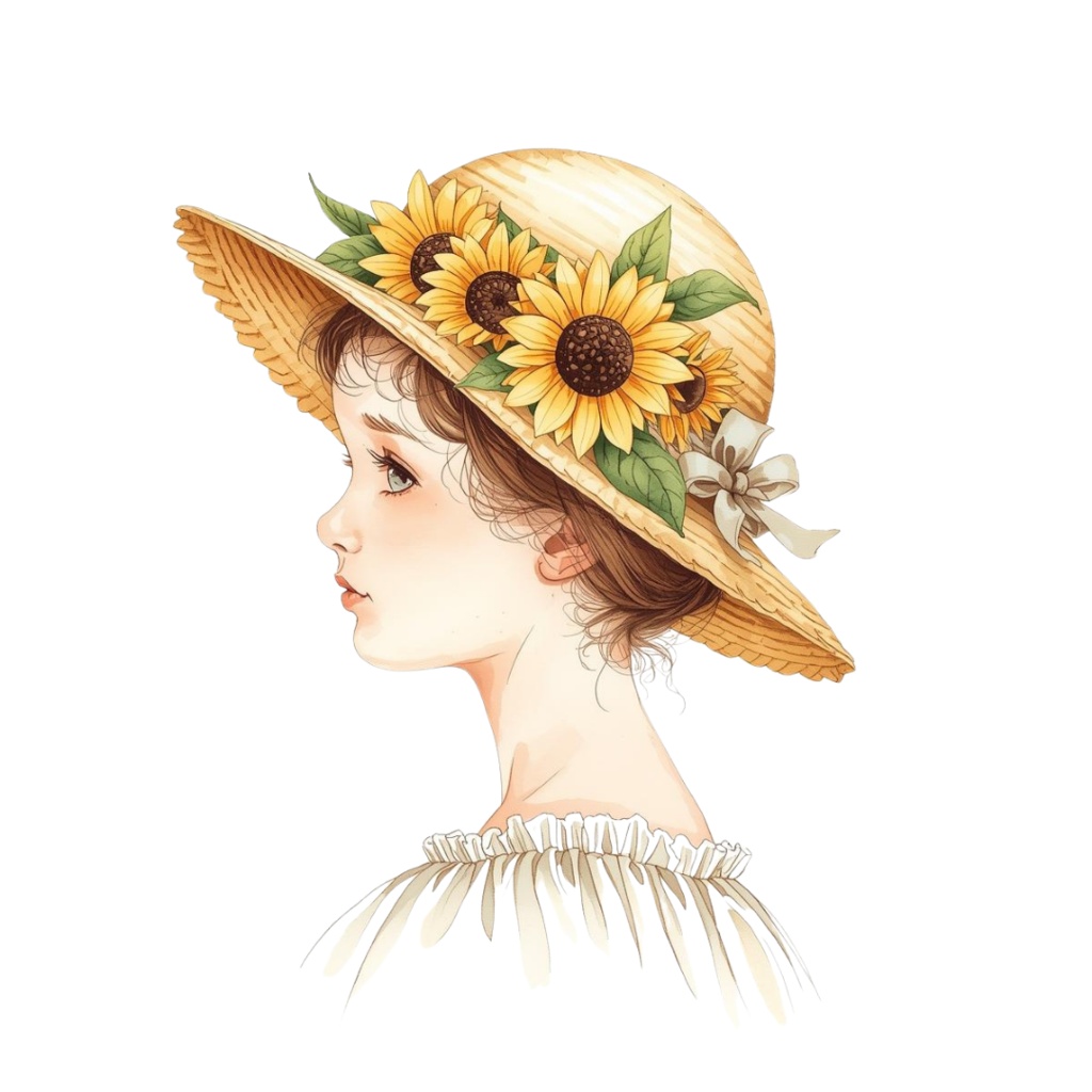 水彩風 花の帽子をかぶった女の子シリーズ イラストセット(全12種)|アンティーク調・可愛いクリップアート(PNG)