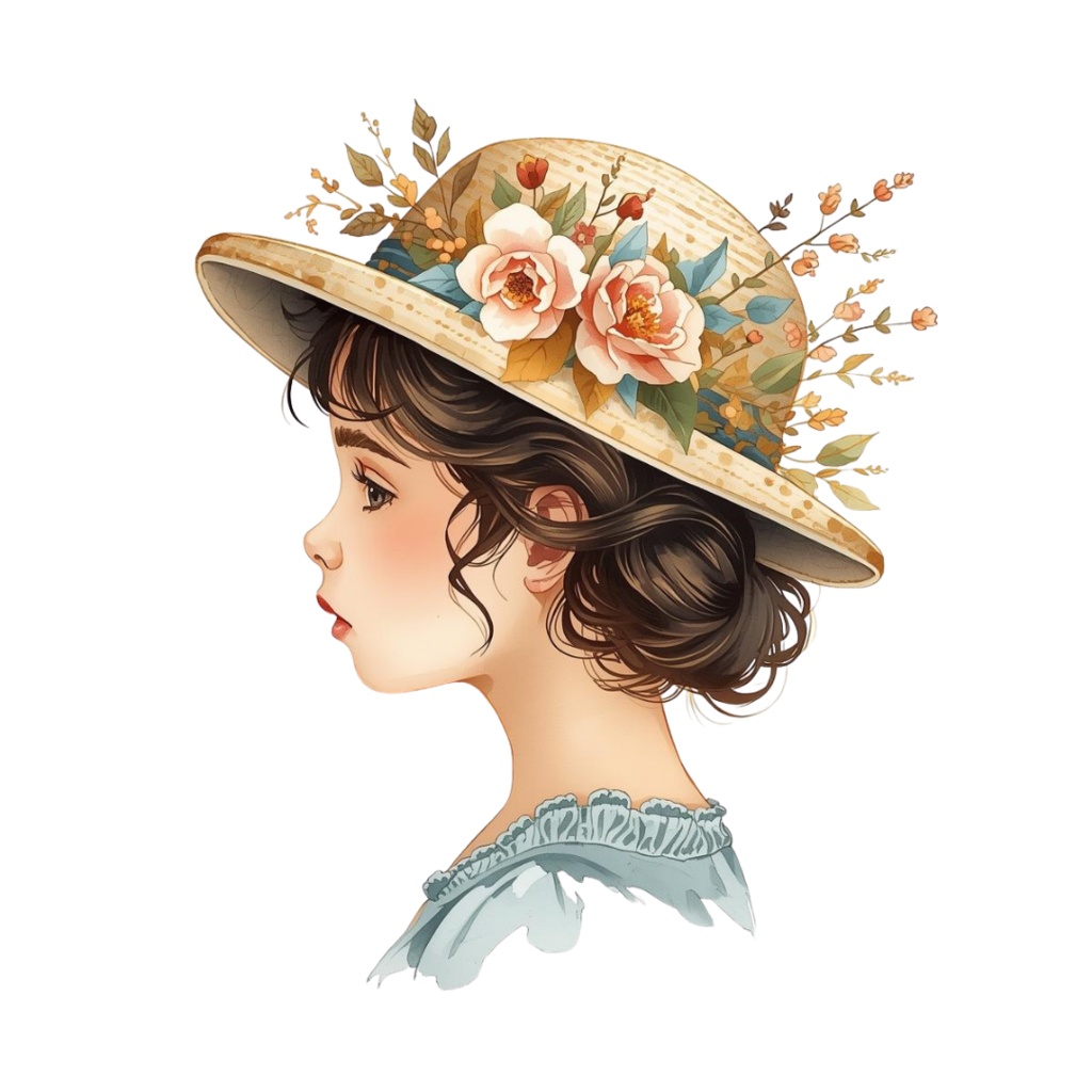 水彩風 花の帽子をかぶった女の子シリーズ イラストセット(全12種)|アンティーク調・可愛いクリップアート(PNG)