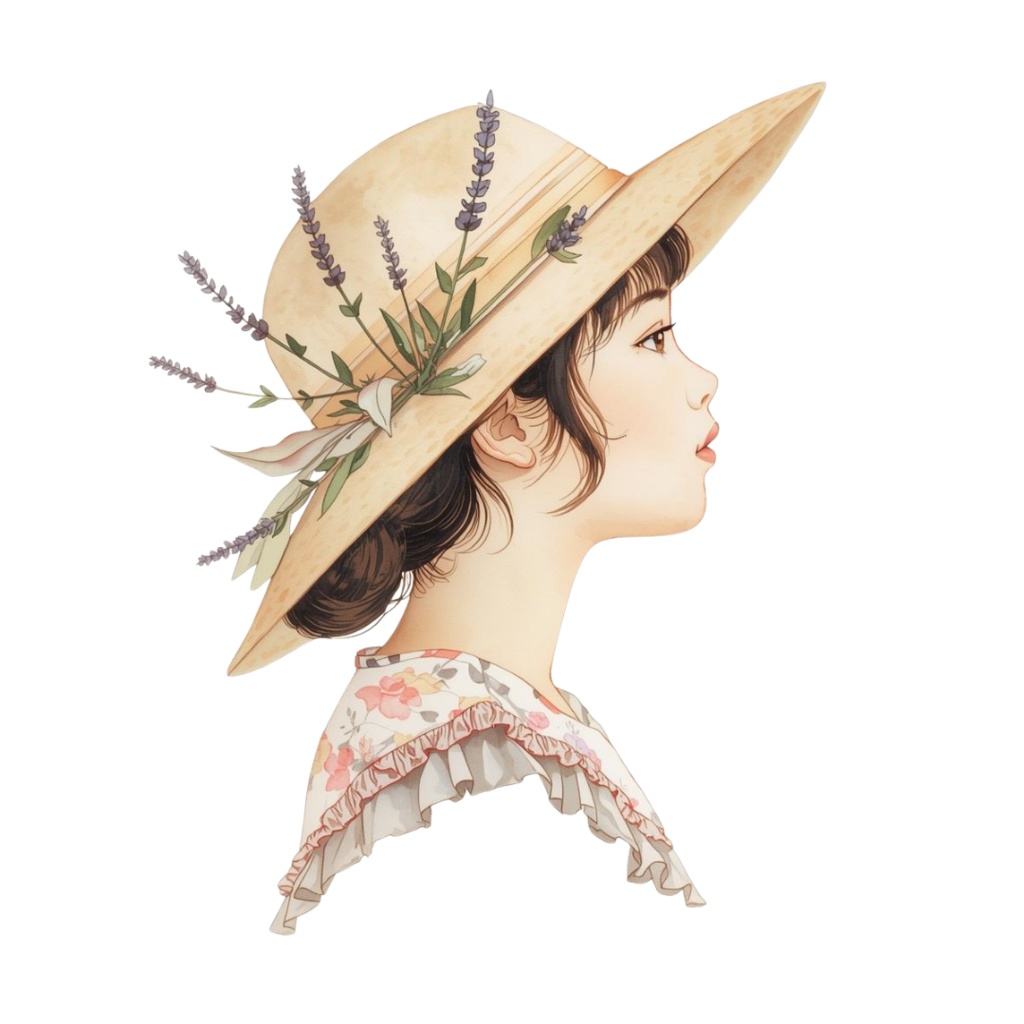 水彩風 花の帽子をかぶった女の子シリーズ イラストセット(全12種)|アンティーク調・可愛いクリップアート(PNG)