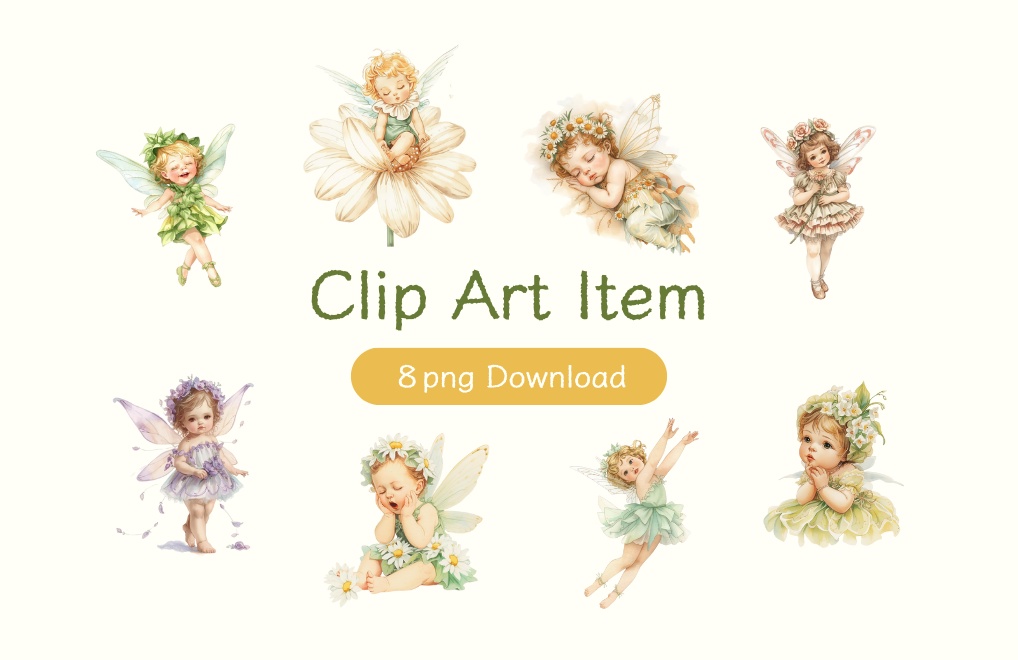 水彩風 花やハーブの妖精シリーズ イラストセット（全8種）｜アンティーク調・可愛い子供と赤ちゃん妖精のクリップアート（PNG）