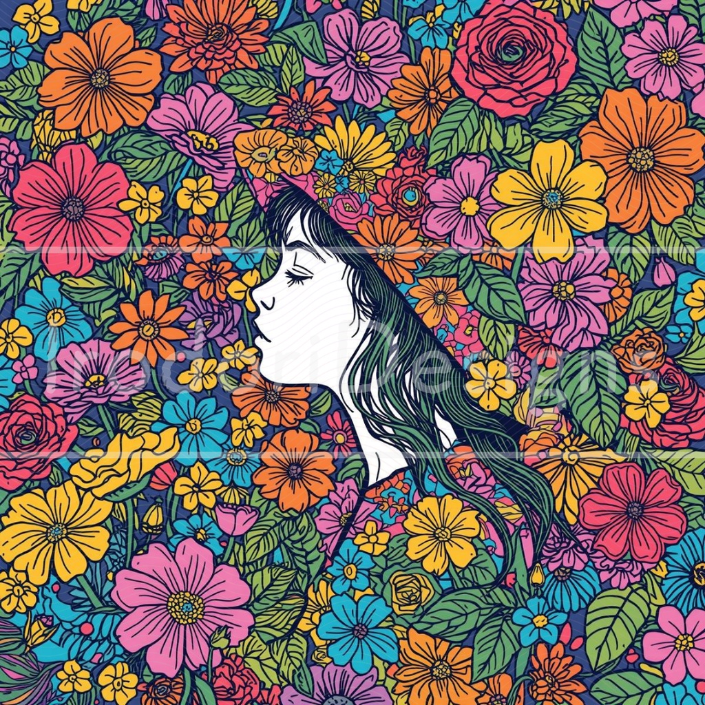 「花の帽子の女の子・サイケデリック版」クリップアートシリーズ(全18種)