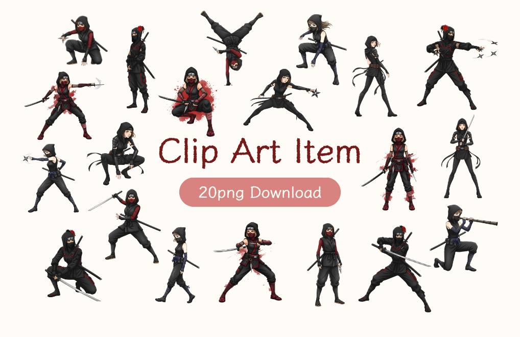Clipart「忍者の女の子イラスト」(5人×4ポーズ)シリーズ|全20種類