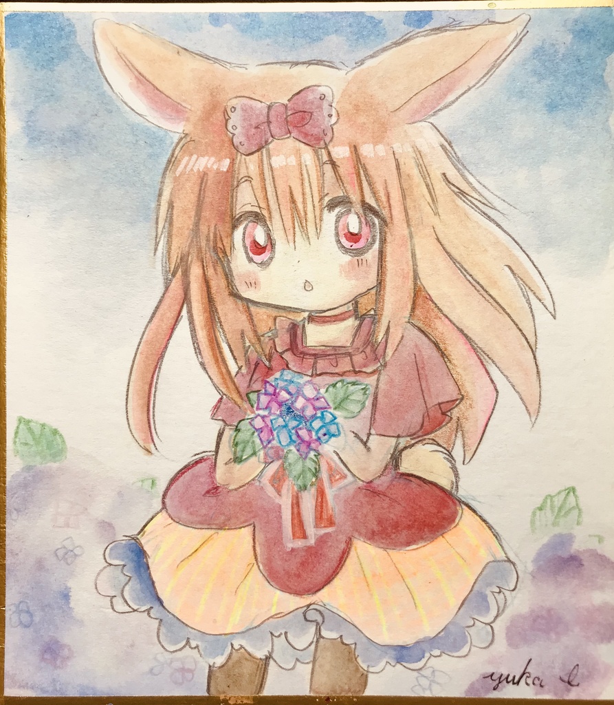 紫陽花とうさぎさん アナログイラスト 色紙(12cm×13.5cm)