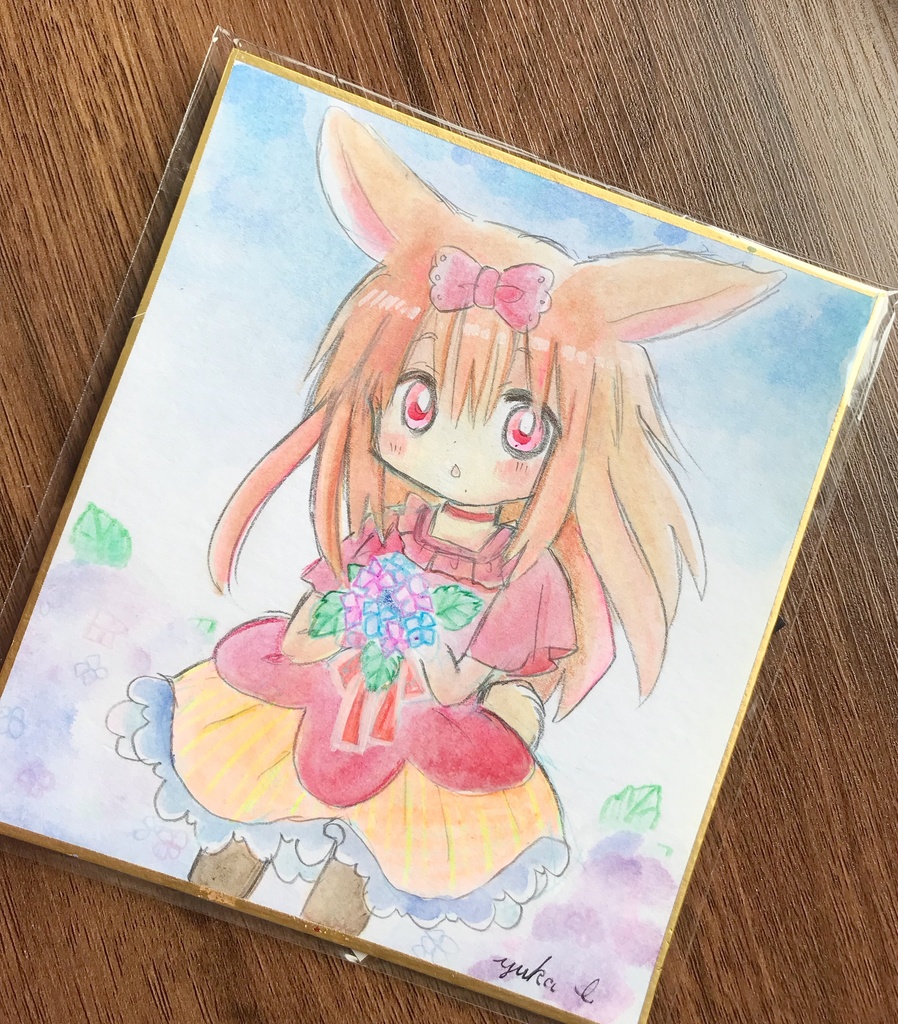 紫陽花とうさぎさん　アナログイラスト　色紙（12ｃｍ×13.5ｃｍ）