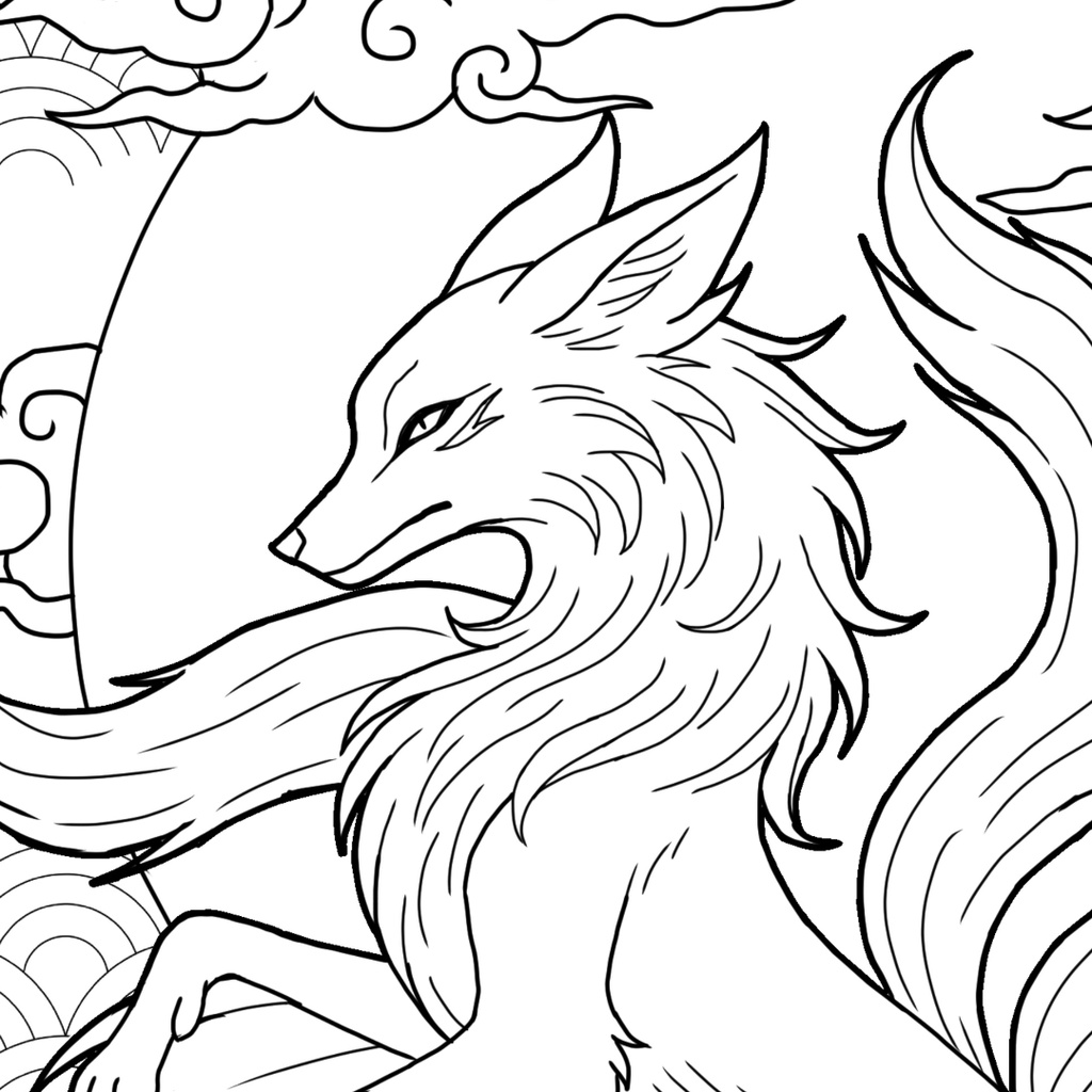 九尾 nine-tailed fox ぬりえページ | 日本の妖怪 | PDF PNG 収録 | 手描きラインアート