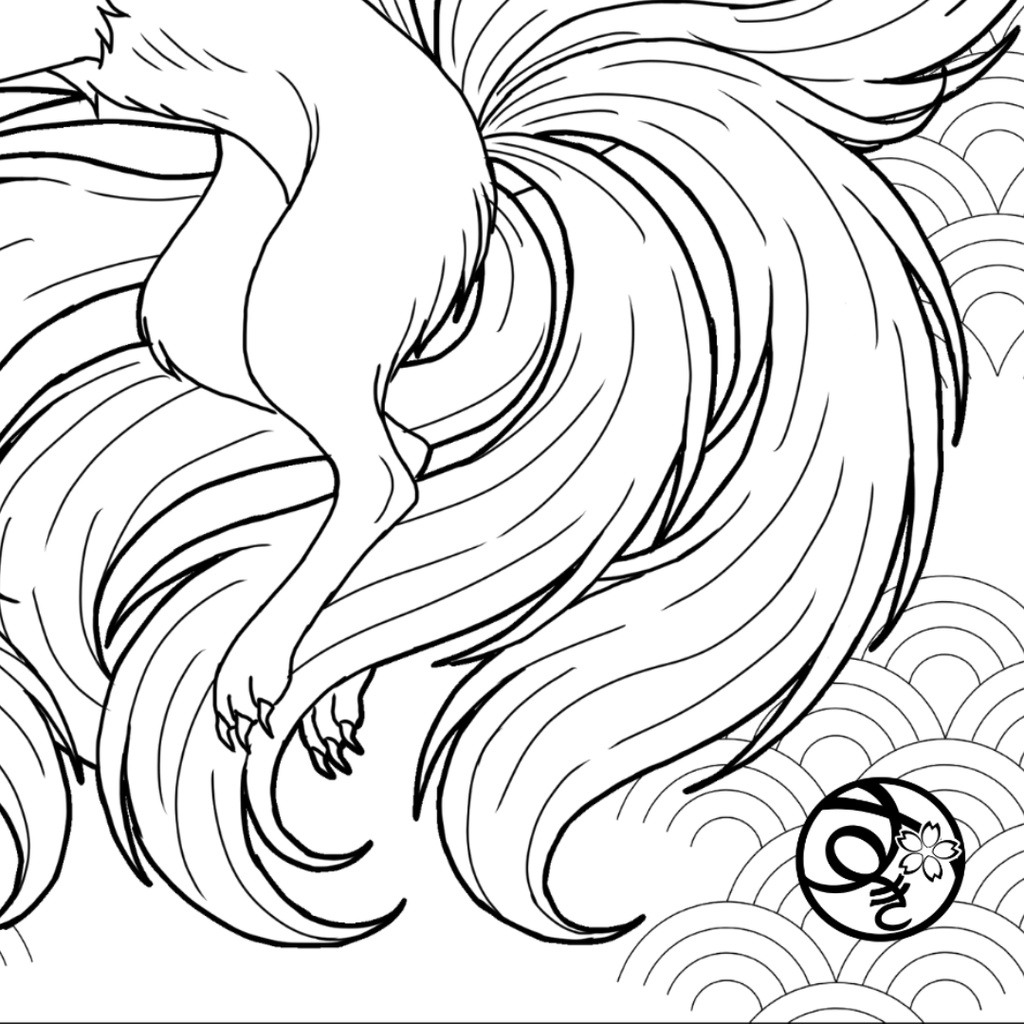 九尾 nine-tailed fox ぬりえページ | 日本の妖怪 | PDF PNG 収録 | 手描きラインアート