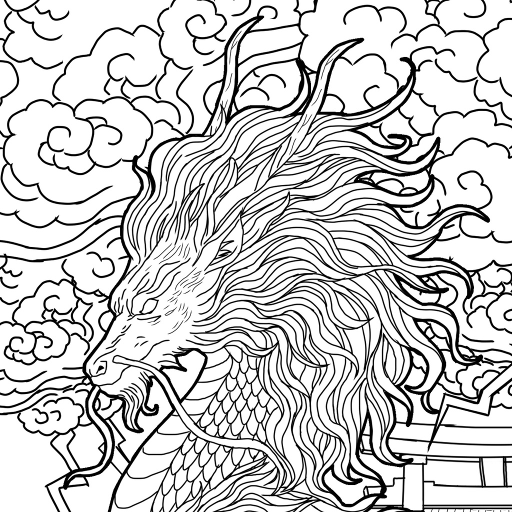 麒麟 Kirin ぬりえページ | 日本の妖怪 | PDF PNG 収録 | 手描きラインアート