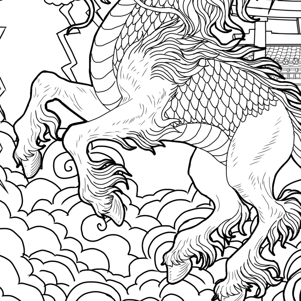 麒麟 Kirin ぬりえページ | 日本の妖怪 | PDF PNG 収録 | 手描きラインアート