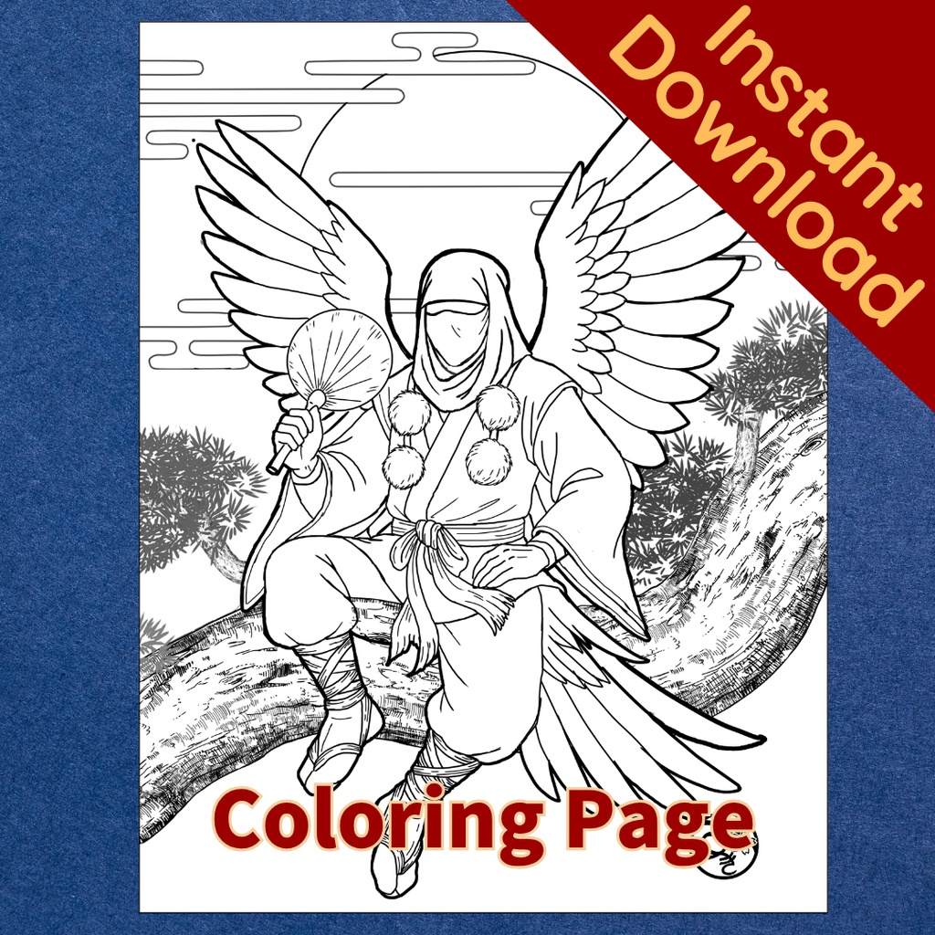 天狗 Tengu ぬりえページ | 日本の妖怪 | PDF PNG 収録 | 手描きラインアート