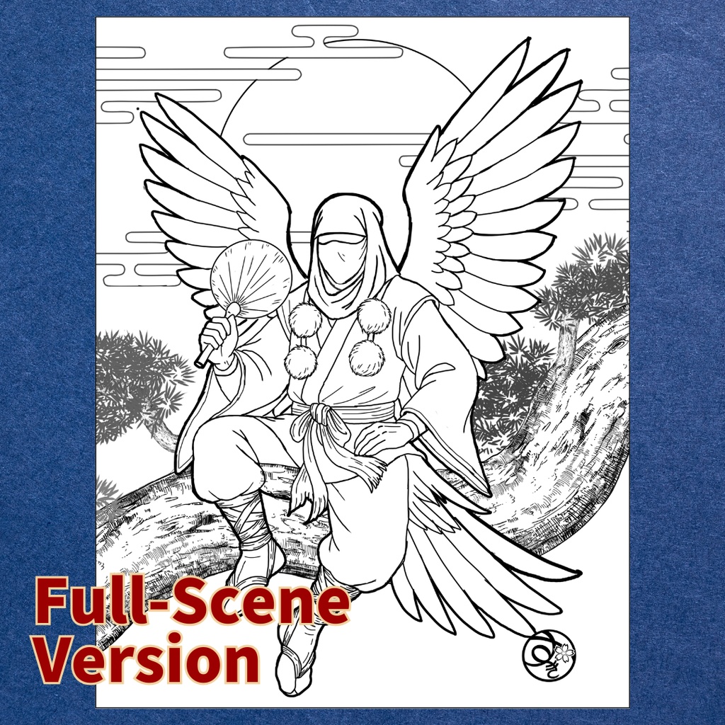 天狗 Tengu ぬりえページ | 日本の妖怪 | PDF PNG 収録 | 手描きラインアート