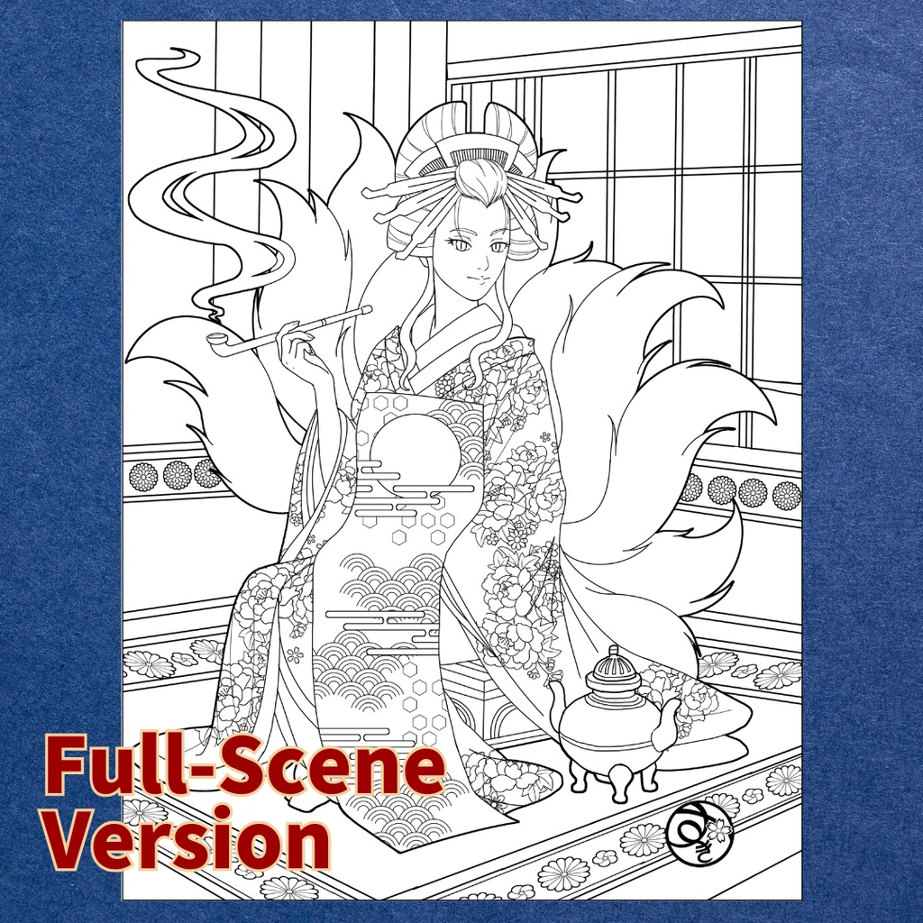 玉藻前 Tamamo-no-Mae ぬりえページ | 日本の妖怪 | PDF PNG 収録 | 手描きラインアート