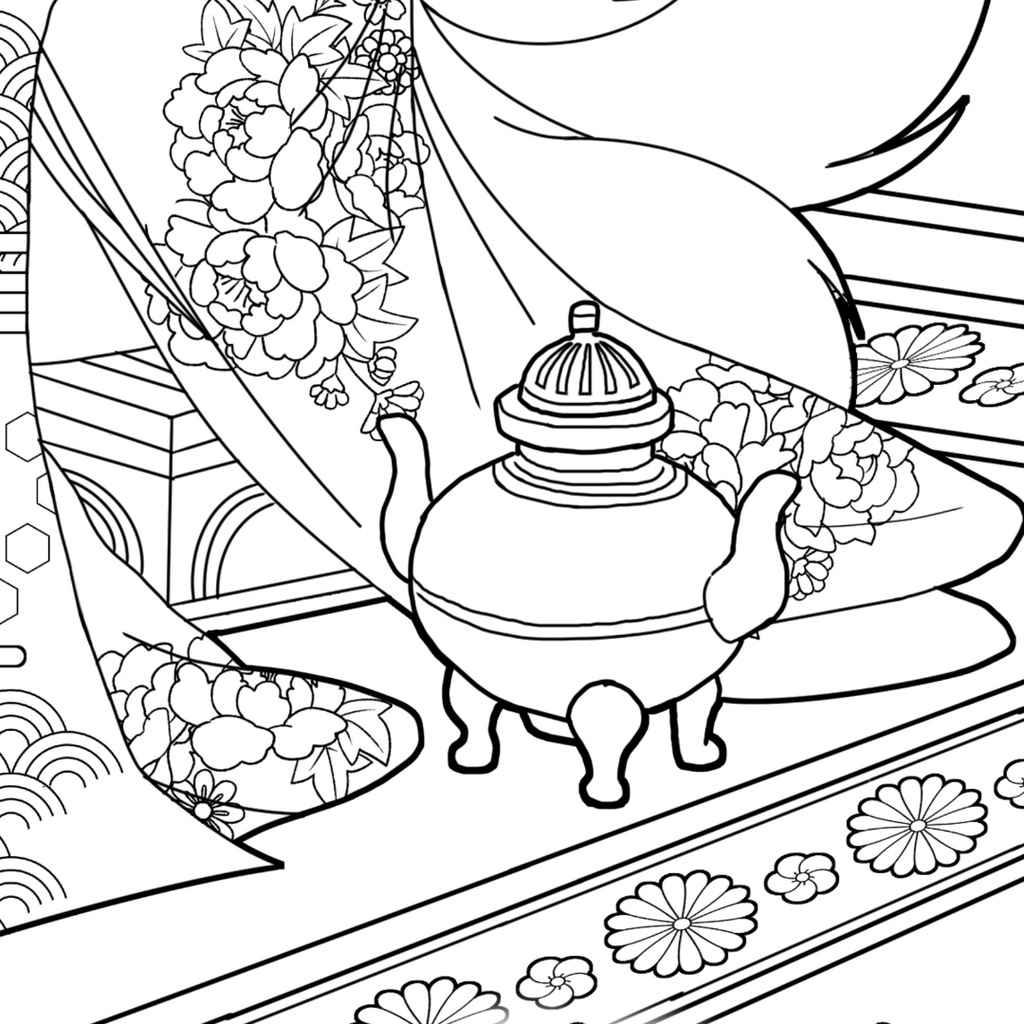 玉藻前 Tamamo-no-Mae ぬりえページ | 日本の妖怪 | PDF PNG 収録 | 手描きラインアート