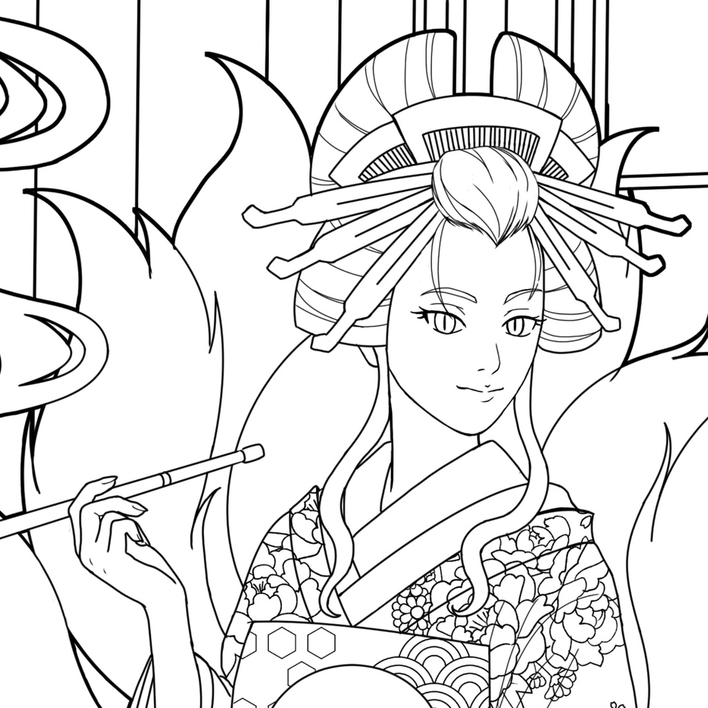 玉藻前 Tamamo-no-Mae ぬりえページ | 日本の妖怪 | PDF PNG 収録 | 手描きラインアート
