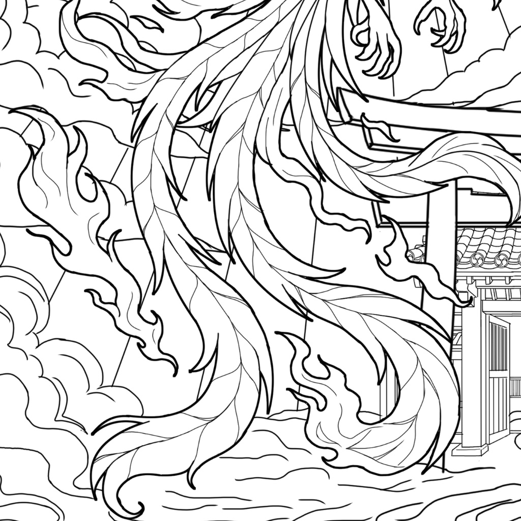 朱雀 Suzaku ぬりえページ | 日本の妖怪 | PDF PNG 収録 | 手描きラインアート
