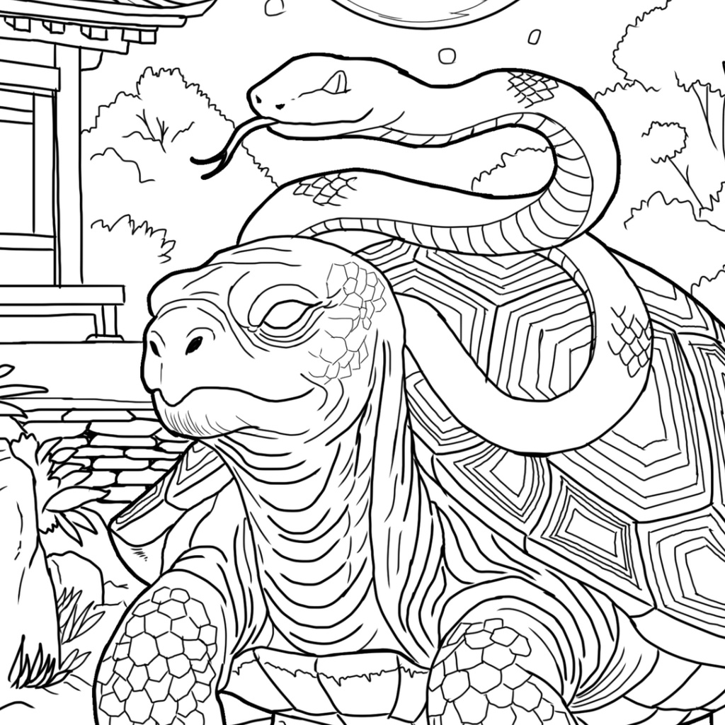 玄武 Genbu ぬりえページ | 日本の妖怪 | PDF PNG 収録 | 手描きラインアート