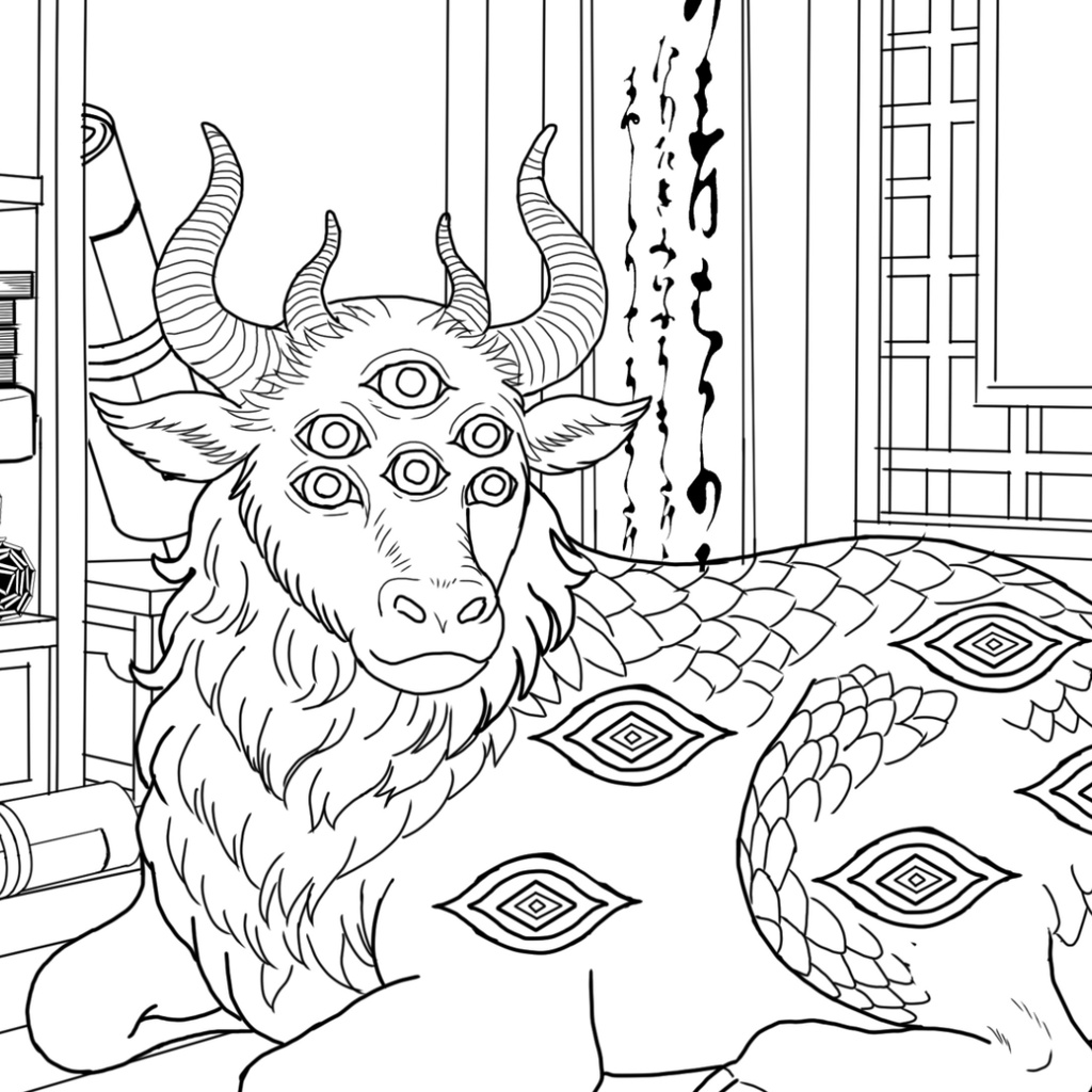 白沢 Hakutaku ぬりえページ | 日本の妖怪 | PDF PNG 収録 | 手描きラインアート