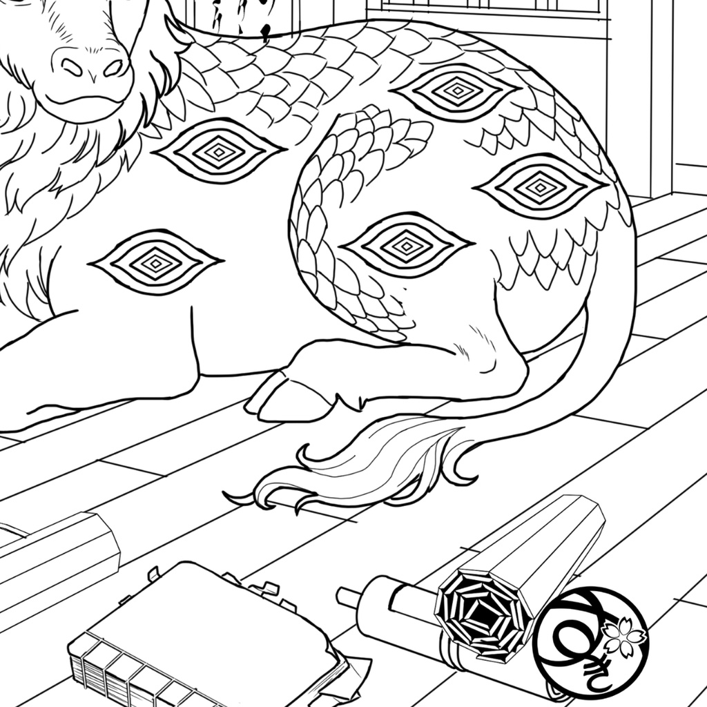 白沢 Hakutaku ぬりえページ | 日本の妖怪 | PDF PNG 収録 | 手描きラインアート