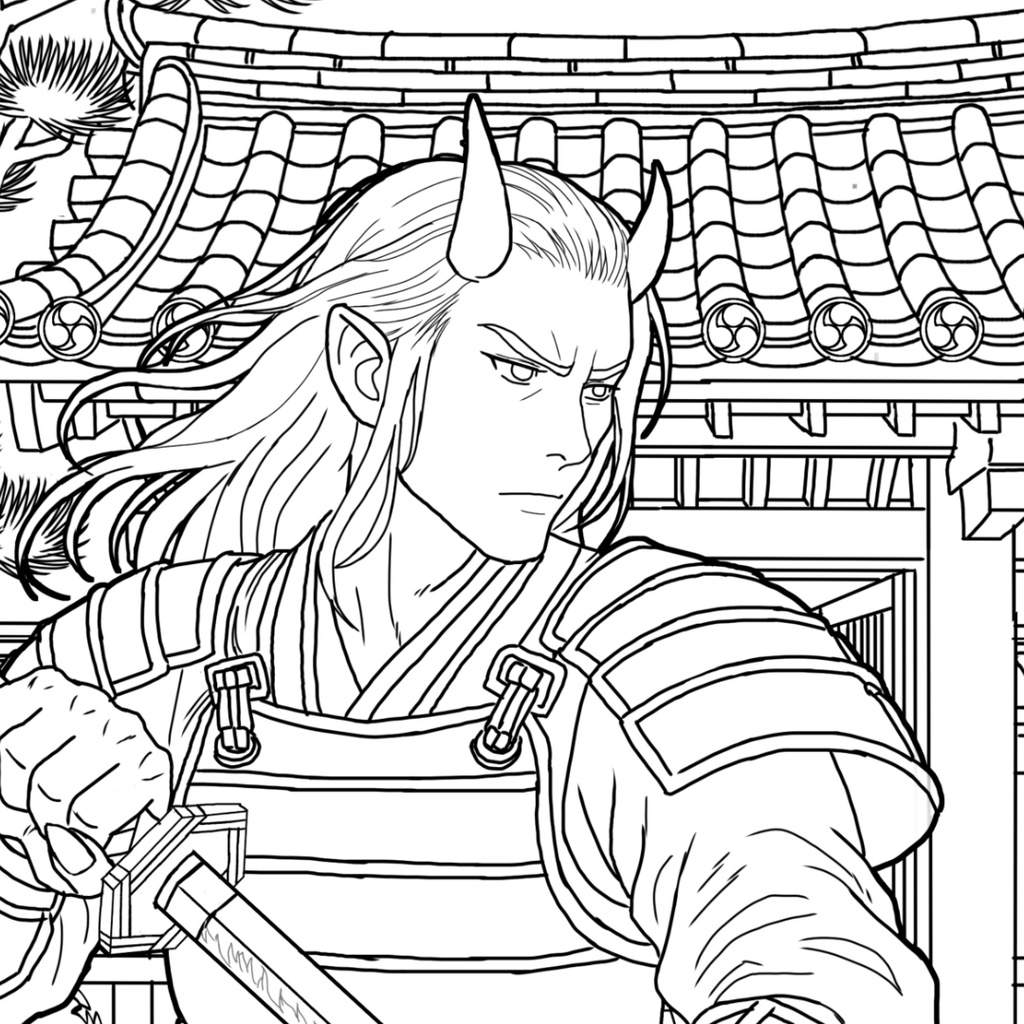 茨木童子 Ibaraki Doji ぬりえページ | 日本の妖怪 | PDF PNG 収録 | 手描きラインアート